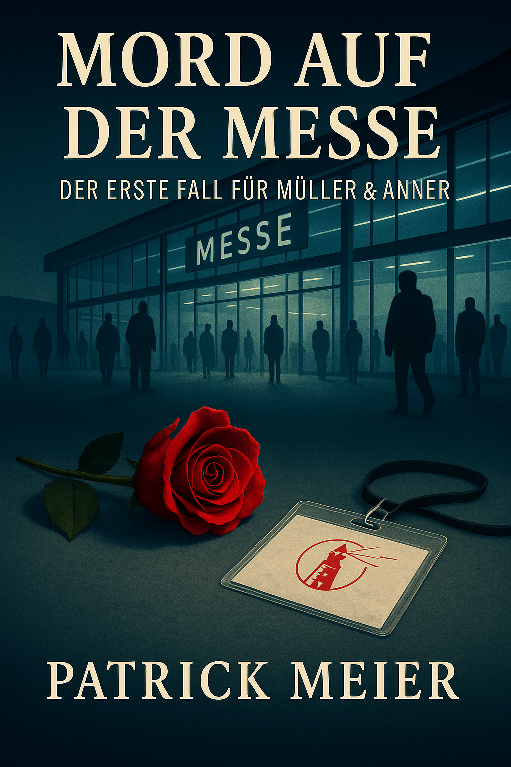 Buchcover "Mord auf der Messe" mit Messegebäude, rote Rose, Messeausweis und Silhouetten von Besuchern im Dunkeln