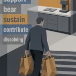Geschäftsmann mit zwei Einkaufstaschen trägt Lasten im modernen Büro, Konzept für Verantwortung und Belastung