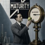 Mann im Anzug hält grünen Apfel neben Reifegrad-Uhr in wissenschaftlichem Labor mit Maturity-Poster