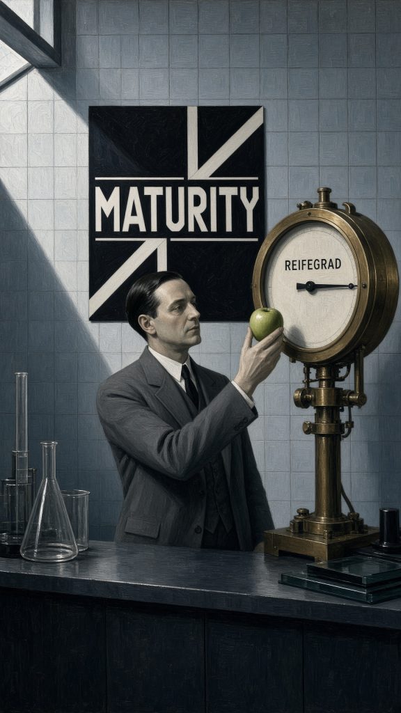 Mann im Anzug hält grünen Apfel neben Reifegrad-Uhr in wissenschaftlichem Labor mit Maturity-Poster