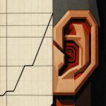 Abstrakte Illustration mit geometrischer Architektur: Cremefarbene Kacheln treffen auf graue Betonwand und rote 3D-Buchsta…