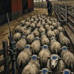 Schafherde mit blauen Markierungen in Stallanlage, Schafhirt in dunkler Kleidung beaufsichtigt Tiere, ländliche Hofumgebung