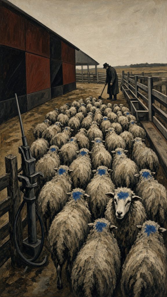 Schafherde mit blauen Markierungen in Stallanlage, Schafhirt in dunkler Kleidung beaufsichtigt Tiere, ländliche Hofumgebung