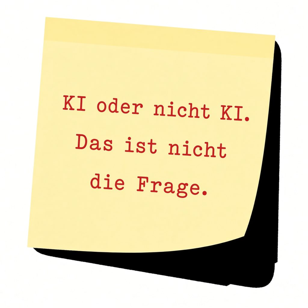 Gelbe Notiz mit roten Buchstaben: "KI oder nicht KI. Das ist nicht die Frage." Symbol für KI-Kennzeichnung und Transparenz.