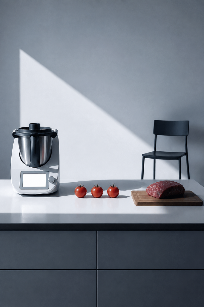 Neue Sachlichkeit photograph, Bauhaus composition, a bare white kitchen counter seen from the front at eye level, on the left
